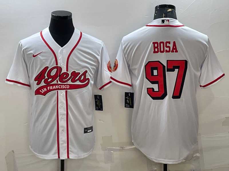 Men%27s San Francisco 49ers #97 Nick Bosa New White With Patch Cool Base Stitched Baseball Jersey